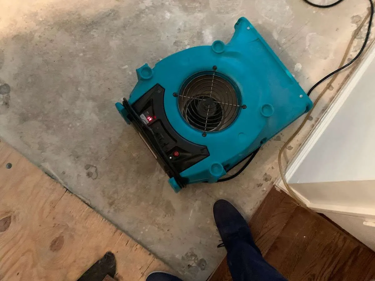 Air mover drying subfloor during Leak Detection & Repair in Bay City
